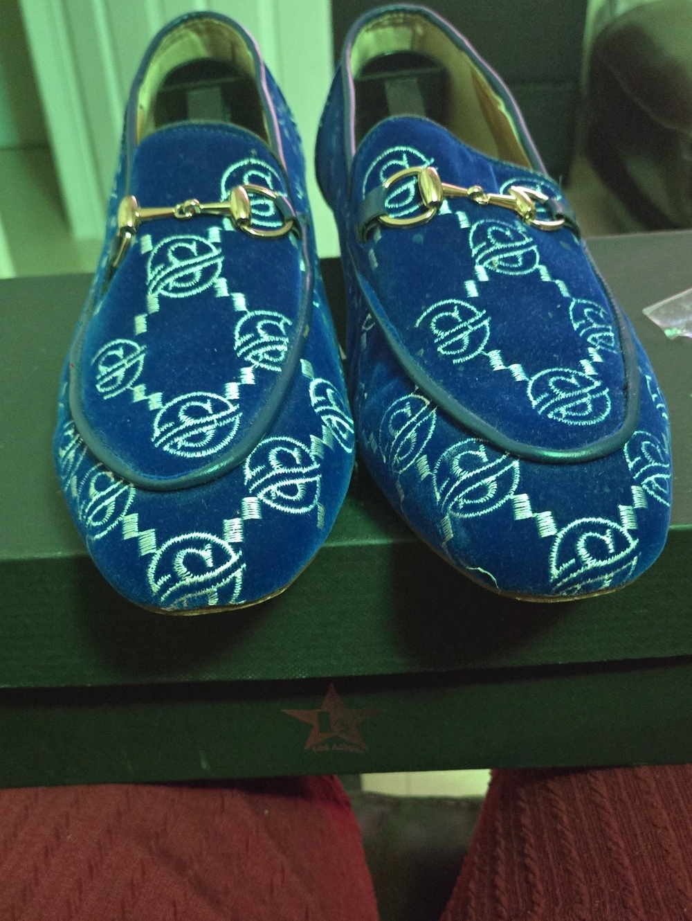 Blue Velvet Embroidered Men’s Loafers